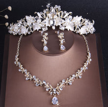 Load image into Gallery viewer, Baroque Vintage Gold Crystal Leaf Pearl Costume Jewelry Sets Rhinestone Choker Necklace Earrings Tiara Crown Wedding Jewelry Set
