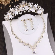 Load image into Gallery viewer, Baroque Vintage Gold Crystal Leaf Pearl Costume Jewelry Sets Rhinestone Choker Necklace Earrings Tiara Crown Wedding Jewelry Set
